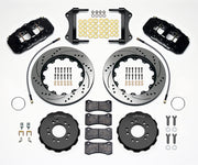 Wilwood Corvette C7 front AERO6 brake kit laid out with black calipers, drilled and slotted rotors and hats, pads and mounting brackets, with hoses
