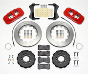 Wilwood Corvette C7 front AERO6 brake kit laid out with red calipers, slotted rotors and hats, pads and mounting brackets, with hoses
