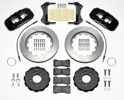 Wilwood Corvette C7 front AERO6 brake kit laid out with black calipers, slotted rotors and hats, pads and mounting brackets, with hoses
