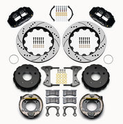 Wilwood Bronco 2.00-inch-offset rear 14-inch brake kit laid out with black calipers, drilled and slotted rotors, internal parking-shoe assemblies and mounting parts