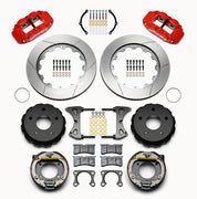 Wilwood Bronco 2.00-inch-offset rear 14-inch brake kit laid out with red calipers, slotted rotors, internal parking-shoe assemblies and mounting parts