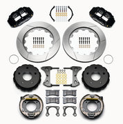 Wilwood Bronco 2.00-inch-offset rear 14-inch brake kit laid out with black calipers, slotted rotors, internal parking-shoe assemblies and mounting parts