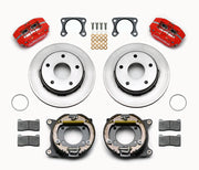 Wilwood Bronco 2.00-inch-offset rear Dynapro brake kit laid out with red calipers, plain-face rotors, internal parking-shoe assemblies and mounting parts