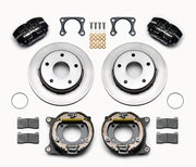 Wilwood Bronco 2.00-inch-offset rear Dynapro brake kit laid out with black calipers, plain-face rotors, internal parking-shoe assemblies and mounting parts
