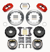 Wilwood Bronco 2.00-inch-offset rear Superlite brake kit laid out with red calipers, slotted rotors, internal parking-shoe assemblies and mounting parts