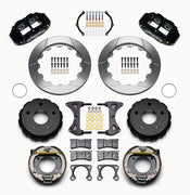 Wilwood Bronco 2.00-inch-offset rear Superlite brake kit laid out with black calipers, slotted rotors, internal parking-shoe assemblies and mounting parts