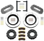 Wilwood Super Duty 4WD front TX6R brake kit laid out with anodized calipers, slotted rotors and hats, pads and mounting brackets