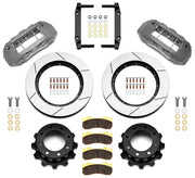Wilwood Super Duty 4WD rear TX6R brake kit laid out with anodized calipers, slotted rotors and hats, pads and mounting brackets