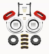Wilwood red TX6R front kit for GM HD trucks, with 15-inch slotted rotors, separate hats, pads, brackets and braided hoses laid out
