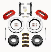 Wilwood red TX6R rear kit for GM HD trucks, with 15.5-inch slotted rotors, separate hats, pads, brackets and braided hoses laid out