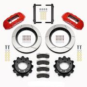 Wilwood red TX6R rear layout for a 4.84-inch GM axle register, showing 16-inch slotted rotors, hats, pads and brackets