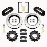 Wilwood black TX6R rear layout for a 4.84-inch GM axle register, showing 16-inch slotted rotors, hats, pads and brackets