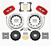 Wilwood red AERO6 front kit for S550 Mustang or specified Ridetech hub spindles, with 14-inch drilled-and-slotted rotors, hats, pads, brackets and braided hoses laid out