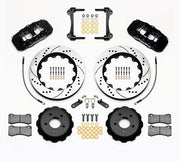 Wilwood black AERO6 front kit for S550 Mustang or specified Ridetech hub spindles, with 14-inch drilled-and-slotted rotors, hats, pads, brackets and braided hoses laid out