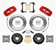 Wilwood red AERO6 front kit for S550 Mustang or specified Ridetech hub spindles, with 14-inch slotted rotors, hats, pads, brackets and braided hoses laid out