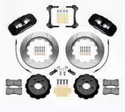 Wilwood black AERO6 front kit for S550 Mustang or specified Ridetech hub spindles, with 14-inch slotted rotors, hats, pads, brackets and braided hoses laid out