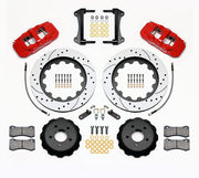 Wilwood red AERO6 front kit for S550 Mustang or specified Ridetech hub spindles, with 15-inch drilled-and-slotted rotors, hats, pads, brackets and braided hoses laid out