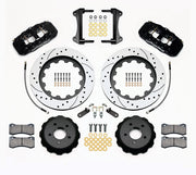 Wilwood black AERO6 front kit for S550 Mustang or specified Ridetech hub spindles, with 15-inch drilled-and-slotted rotors, hats, pads, brackets and braided hoses laid out
