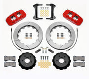 Wilwood red AERO6 front kit for S550 Mustang or specified Ridetech hub spindles, with 15-inch slotted rotors, hats, pads, brackets and braided hoses laid out