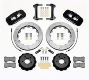 Wilwood black AERO6 front kit for S550 Mustang or specified Ridetech hub spindles, with 15-inch slotted rotors, hats, pads, brackets and braided hoses laid out