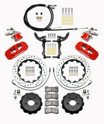 Wilwood red rear service calipers, separate parking calipers, drilled-and-slotted rotors, hats, pads, parking-brake cable and brackets laid out