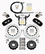 Wilwood black rear service calipers, separate parking calipers, drilled-and-slotted rotors, hats, pads, parking-brake cable and brackets laid out