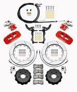 Wilwood red rear service calipers, separate parking calipers, slotted rotors, hats, pads, parking-brake cable and brackets laid out