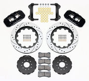 Wilwood black AERO6 kit laid out with drilled-and-slotted rotor rings, separate hats, brake pads, brackets and hardware