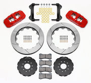 Wilwood red AERO6 kit laid out with slotted rotor rings, separate hats, brake pads, brackets and hardware