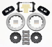 Wilwood black AERO6 kit laid out with slotted rotor rings, separate hats, brake pads, brackets and hardware