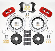 Wilwood red AERO6 front kit for C7 Corvette, with 15-inch drilled-and-slotted rotors, hats, pads, brackets and braided hoses laid out