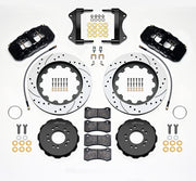 Wilwood black AERO6 front kit for C7 Corvette, with 15-inch drilled-and-slotted rotors, hats, pads, brackets and braided hoses laid out