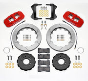 Wilwood red AERO6 front kit for C7 Corvette, with 15-inch slotted rotors, hats, pads, brackets and braided hoses laid out
