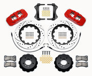 Wilwood red AERO6 front kit for listed BMW 1 and 3 Series applications, with 15-inch drilled-and-slotted rotors, hats, pads, brackets and braided hoses laid out