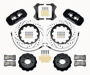 Wilwood black AERO6 front kit for listed BMW 1 and 3 Series applications, with 15-inch drilled-and-slotted rotors, hats, pads, brackets and braided hoses laid out