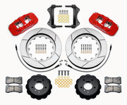 Wilwood red AERO6 front kit for listed BMW 1 and 3 Series applications, with 15-inch slotted rotors, hats, pads, brackets and braided hoses laid out