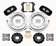 Wilwood black AERO6 front kit for listed BMW 1 and 3 Series applications, with 15-inch slotted rotors, hats, pads, brackets and braided hoses laid out