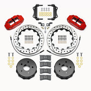 Wilwood red Superlite 4R rear kit for Jeep JK, with 12.88-inch drilled-and-slotted rotors, parking-brake hats, pads, brackets and braided hoses laid out
