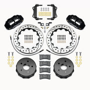 Wilwood black Superlite 4R rear kit for Jeep JK, with 12.88-inch drilled-and-slotted rotors, parking-brake hats, pads, brackets and braided hoses laid out
