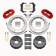 Wilwood red Superlite 4R rear kit for Jeep JK, with 12.88-inch slotted rotors, parking-brake hats, pads, brackets and braided hoses laid out