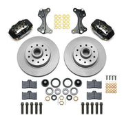 Wilwood black Dynalite front kit laid out with plain hub-and-rotor units, bearings, seals, pads and brackets