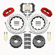 Wilwood red Superlite 4R rear kit for Jeep JK, with 14-inch drilled-and-slotted rotors, parking-brake hats, pads, brackets and braided hoses laid out