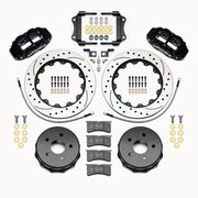 Wilwood black Superlite 4R rear kit for Jeep JK, with 14-inch drilled-and-slotted rotors, parking-brake hats, pads, brackets and braided hoses laid out