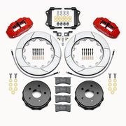 Wilwood red Superlite 4R rear kit for Jeep JK, with 14-inch slotted rotors, parking-brake hats, pads, brackets and braided hoses laid out