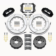 Wilwood black Superlite 4R rear kit for Jeep JK, with 14-inch slotted rotors, parking-brake hats, pads, brackets and braided hoses laid out
