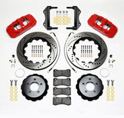 Wilwood red AERO6 front kit for standard RWD Chrysler/Dodge applications, with 14.25-inch drilled-and-slotted rotors, hats, pads, brackets and braided hoses laid out