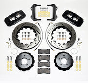 Wilwood black AERO6 front kit for standard RWD Chrysler/Dodge applications, with 14.25-inch drilled-and-slotted rotors, hats, pads, brackets and braided hoses laid out