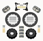 Wilwood gray Dynapro radial front drag-race kit for S550 Mustang or specified Ridetech hubs, with 12.9-inch drilled steel rotors, hats, pads and brackets laid out