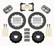 Wilwood gray Dynapro radial rear drag-race kit for S550 Mustang rear axle, with 12.9-inch drilled steel rotors, hats, pads and brackets laid out