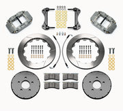 Wilwood gray Superlite 4R/ST kit laid out with slotted rotor rings, separate hats, brake pads, brackets, braided hoses and hardware
